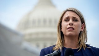 In this June 25, 2019, file photo, Rep. Katie Hill, D-Calif., speaks at a press conference to introduce ACTION for National Service outside of the Capitol.