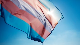 transgender pride flag waving on the blue sky