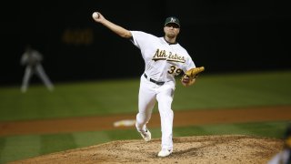 OAKLAND, CA – SEPTEMBER 3: Blake Treinen #39 of the Oakland Athletics pitches during the game against the Los Angeles Angels of Anaheim at the Oakland-Alameda County Coliseum on September 3, 2019 in Oakland, California. The Athletics defeated the Angels 7-5. (Photo by Michael Zagaris/Oakland Athletics/Getty Images)