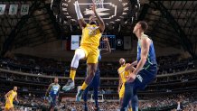 LeBron James #23 of the Los Angeles Lakers shoots the ball against the Dallas Mavericks on January 10, 2020 at the American Airlines Center in Dallas, Texas.