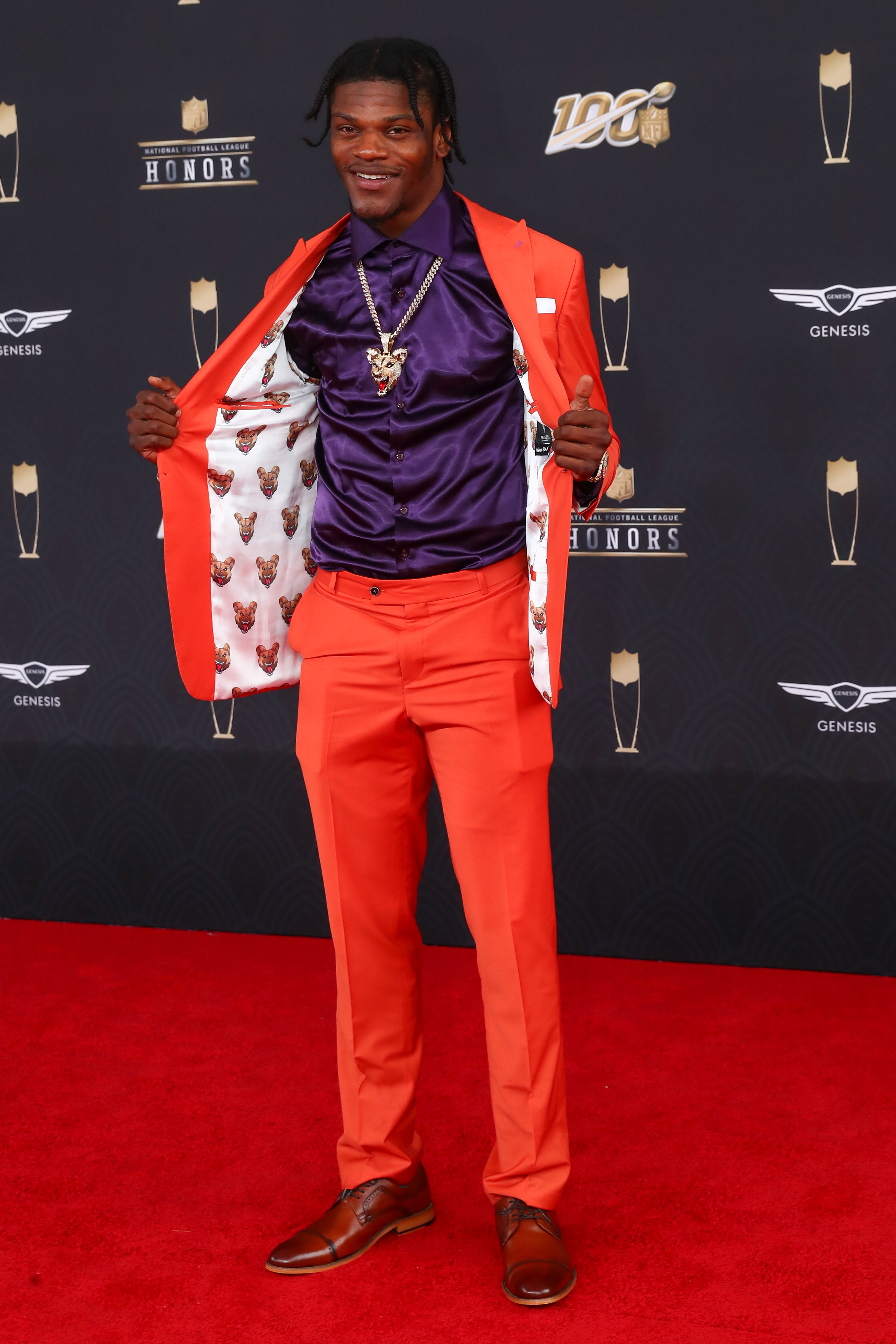 Baltimore Ravens’ Lamar Jackson poses on the Red Carpet prior to the NFL Honors on Feb. 1, 2020, at the Adrienne Arsht Center in Miami.