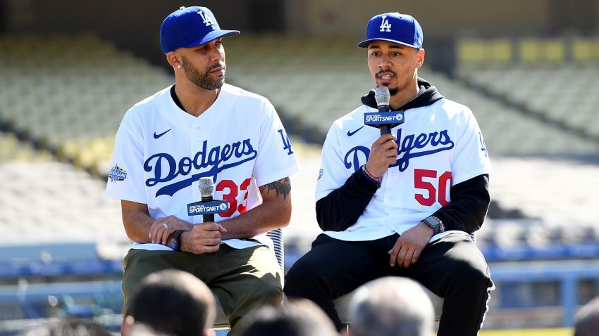 Mookie Betts #50 and David Price #33 of the Los Angeles Dodgers answer questions during an introductory press conference at Dodger Stadium on February 12, 2020 in Los Angeles, California. (Photo by Jayne Kamin-Oncea/Getty Images)