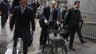 Movie producer Harvey Weinstein arrives for his sexual assault trial at New York Criminal Court on Feb. 13, 2020, in New York City. The weeks-long trial against Weinstein nears is end as prosecutors ready to give their closing argument on Friday.