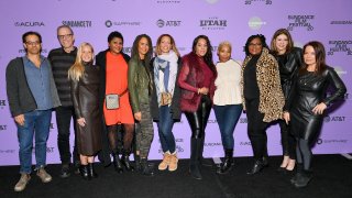 Dan Cogan, Kirby Dick, Mari Snyder Johnson, Kierna Mayo, Sil Lai Abrams, Drew Dixon, Sheri Hines, Joan Morgan, Shanita Hubbard, Amy Ziering, and Julie Smolyansky attend the 2020 Sundance Film Festival “On The Record” premiere at The Marc Theatre on Jan. 25, 2020, in Park City, Utah.