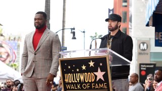 Eminem (R) speaks during the 50 Cent (L) Walk Of Fame Ceremony on January 30, 2020 in Hollywood, California. (Photo by Presley Ann/Getty Images for STARZ)