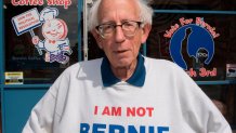 Bernie Sanders lookalike Jeff Jones wears his "I am not Bernie" sweater outside the candidate's campaign headquarters in Los Angeles, California on February 28, 2020