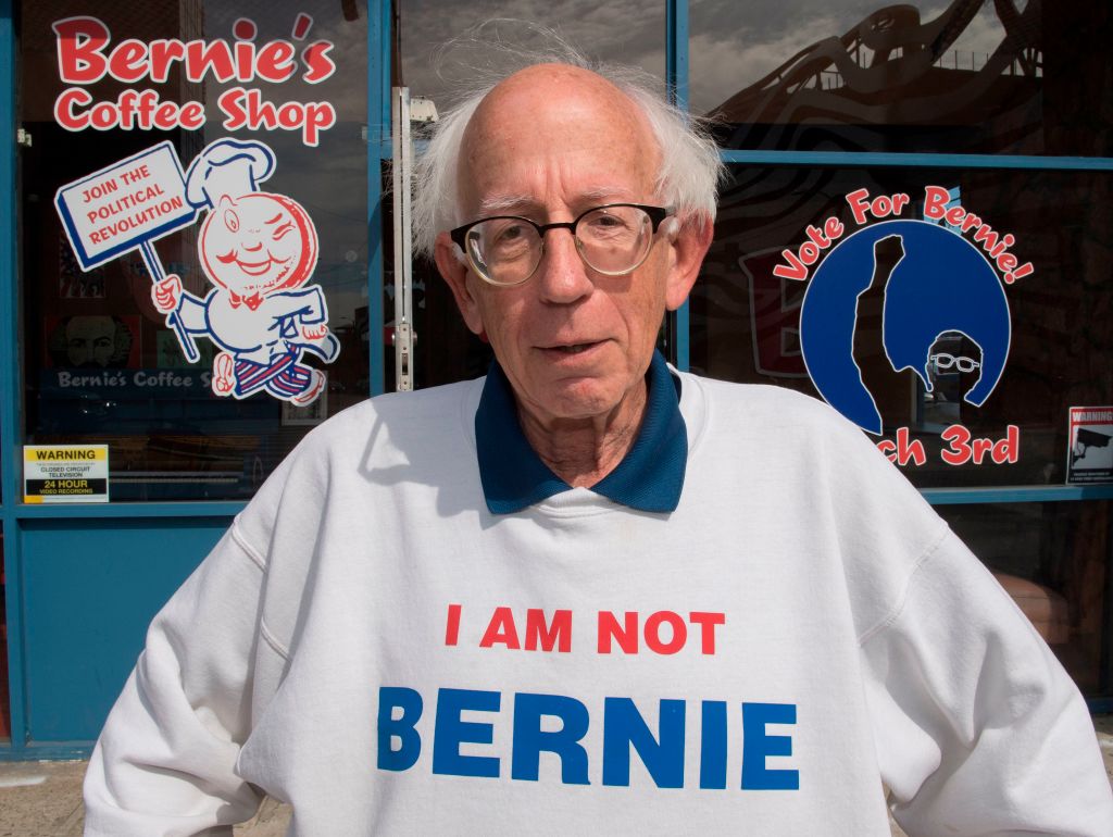 Bernie Sanders lookalike Jeff Jones wears his "I am not Bernie" sweater outside the candidate's campaign headquarters in Los Angeles, California on February 28, 2020