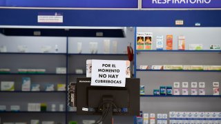 View of a drugstore in front of the National Institute of Respiratory Diseases in Mexico City.