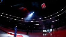 SUNRISE, FL - MARCH 7: Goaltender Roberto Luongo #1 of the Florida Panthers number is retired and raised to the rafters at the BB&T Center on March 7, 2020 in Sunrise, Florida. (Photo by Eliot J. Schechter/NHLI via Getty Images)