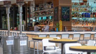 an outdoor bar area at the downtown disney district shopping mall