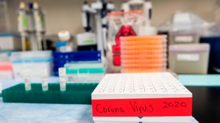 Three potential coronavirus, COVID-19, vaccines are kept in a tray; lab equipment is in the background