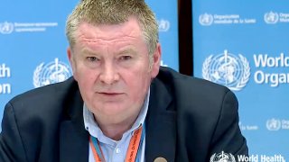 A TV grab taken from the World Health Organization website shows World Health Organization (WHO) Health Emergencies Programme Director Michael Ryan delivering a virtual news briefing on COVID-19 (novel coronavirus) at the WHO headquarters in Geneva on March 23, 2020.