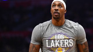Los Angeles Lakers Center Dwight Howard (39) looks on before a NBA game between the Los Angeles Lakers and the Los Angeles Clippers on March 8, 2020 at STAPLES Center in Los Angeles, CA. (Photo by Brian Rothmuller/Icon Sportswire via Getty Images)