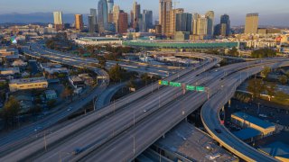 LOS ANGELES, CA – APRIL 1: Extremely light traffic for the region is seen in an aerial view of the 10 and 110 freeway interchange on April 1, 2020 in Los Angeles. (Photo by David McNew/Getty Images)