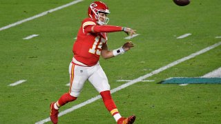 Patrick Mahomes of the Kansas City Chiefs throws a pass against the San Francisco 49ers in Super Bowl LIV at Hard Rock Stadium on Feb. 2, 2020, in Miami. The Chiefs won 31-20.