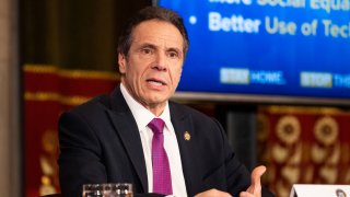 In this file photo, New York Governor Andrew Cuomo (D) speaks during a press Conference at the State Capitol.