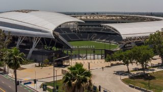 An aerial view shows the Banc of California Stadium in Los Angeles, California