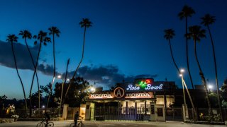 The Rose Bowl Stadium at night.