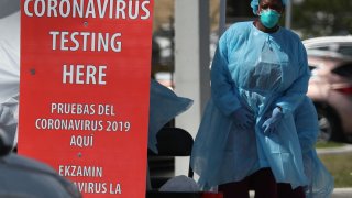 MIAMI, FLORIDA – MARCH 18: A member of the health care staff from the Community Health of South Florida, Inc. (CHI) prepares to test people for the coronavirus in the parking lot of its Doris Ison Health Center on March 18, 2020 in Miami, Florida. CHI said the testing for COVID-19 will be from Monday through Friday from 9 a.m. to 12 p.m. (Photo by Joe Raedle/Getty Images)