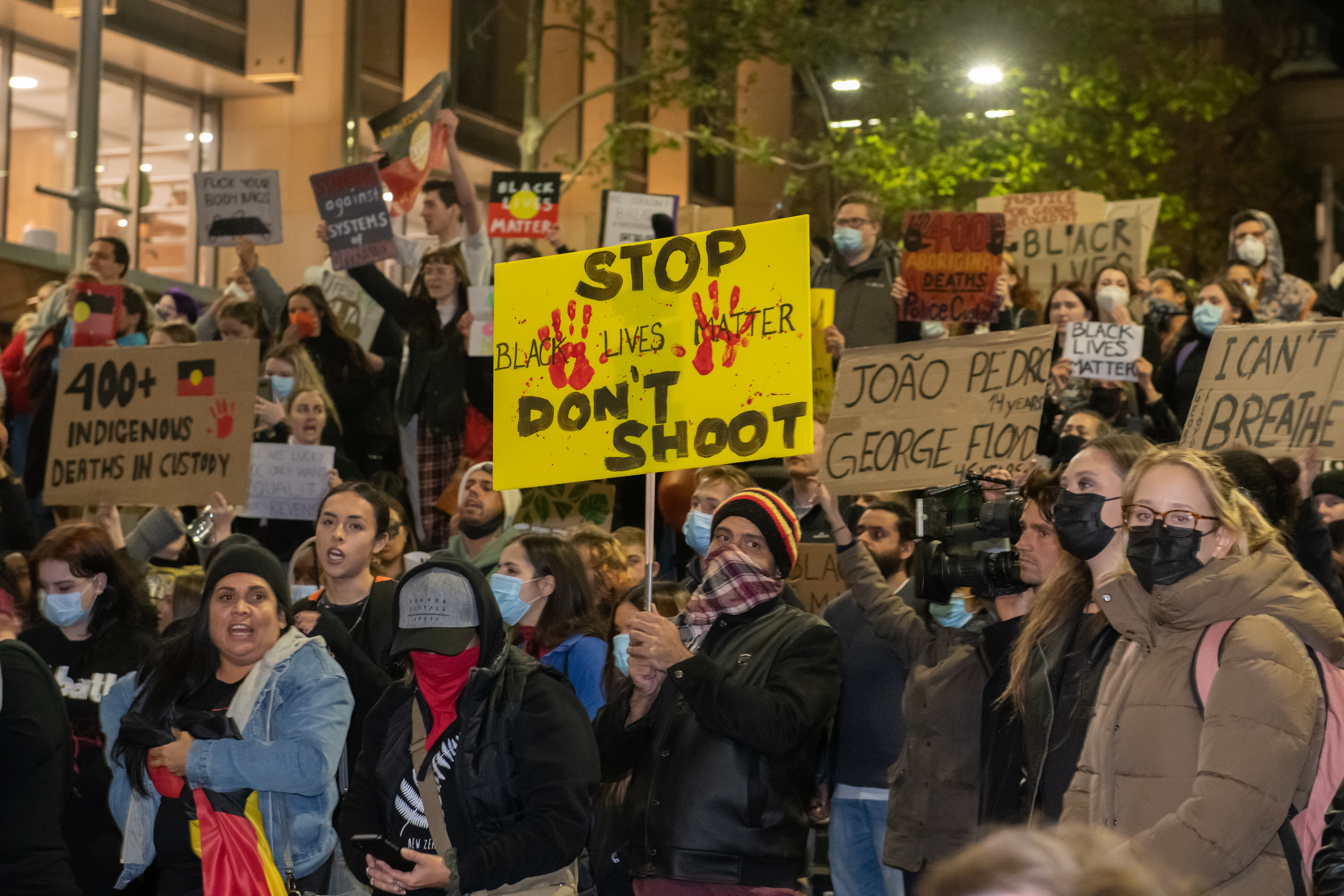 Australian protesters rally in Martin Place during a ”Black Lives Matter” demonstration, held in solidarity with protests over the death of George Floyd, in Sydney, Australia, June 2, 2020. The event was organized to rally against aboriginal deaths in custody in Australia as well as in solidarity with protests across the United States following Floyd’s death.