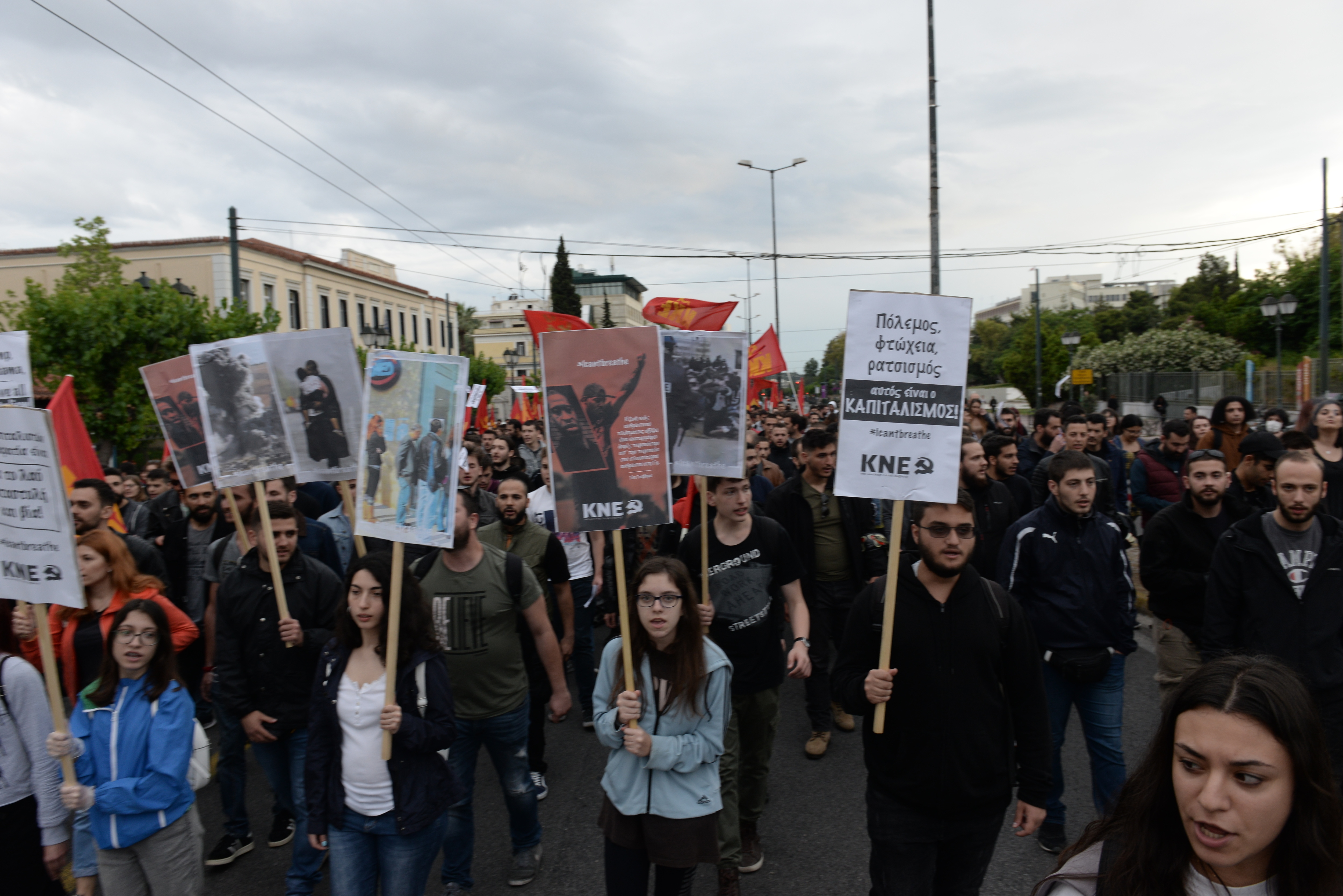 Youth members of the Greek communist party protest in front of the U. S. Embassy in Athens over the death of George Floyd.