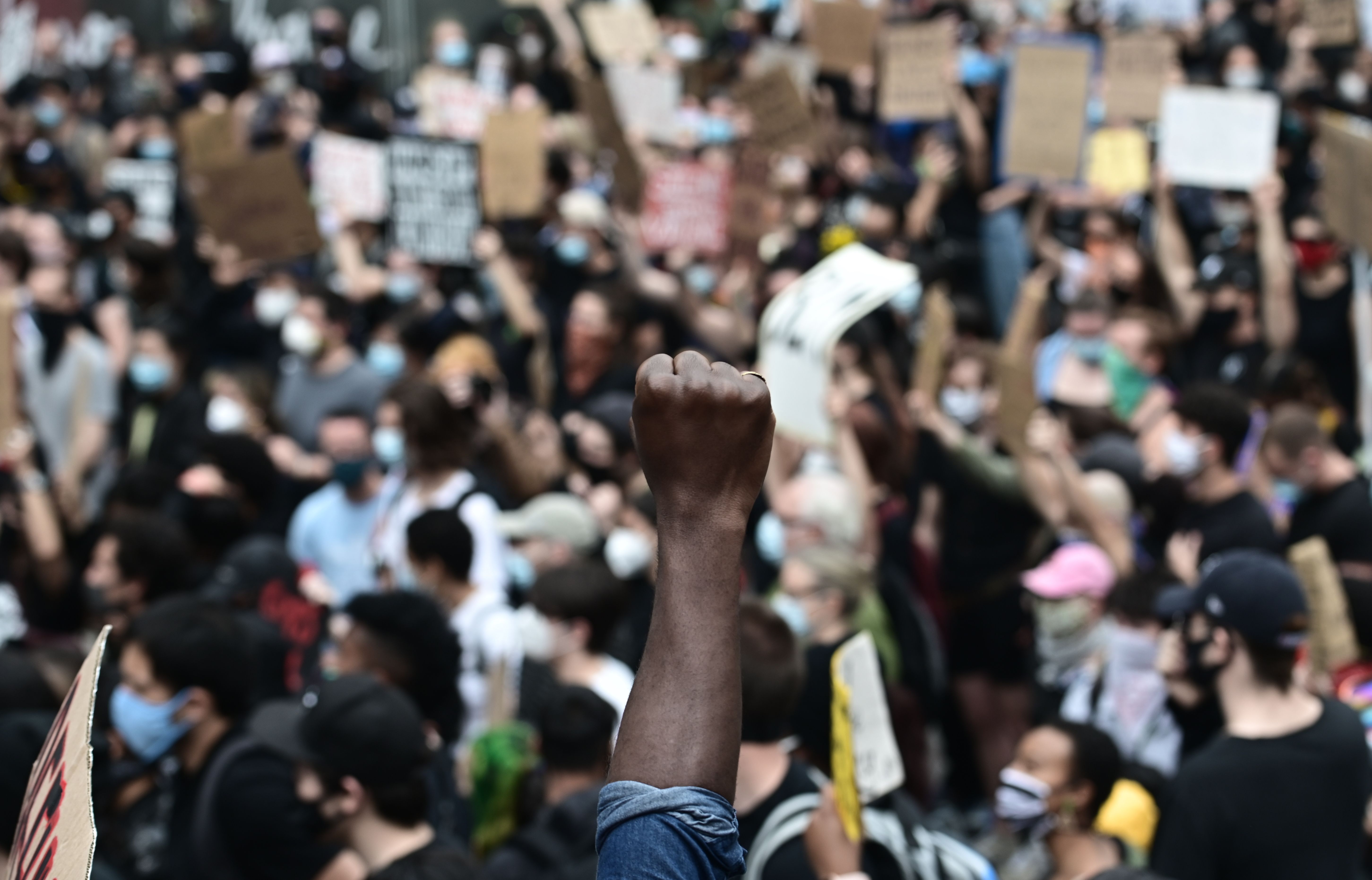 Protesters demonstrate on June 2, 2020, during a “Black Lives Matter” protest in New York City. Anti-racism protests have put several US cities under curfew to suppress rioting, following the death of George Floyd while in police custody.