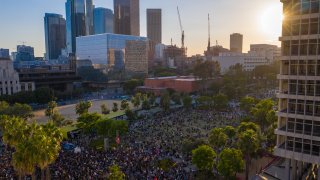 A drone aerial view shows a crowd demonstrating over the death of George Floyd near City Hall on June 3, 2020 in Los Angeles, California. The vast majority of protestors demonstrated peacefully. Former Minneapolis police officer Derek Chauvin was taken into custody for Floyd’s death. Chauvin has been accused of kneeling on Floyd’s neck as he pleaded with him about not being able to breathe. Floyd was pronounced dead a short while later. Chauvin and 3 other officers, who were involved in the arrest, were fired from the police department and charged with murder after a video of the arrest was circulated. (Photo by David McNew/Getty Images)
