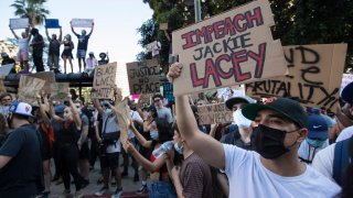 LOS ANGELES, CA-JUNE 3, 2020: Paul Villalobos, 28, from Oakland, joins other demonstrators as they protest on Spring St. in downtown Los Angeles,demanding justice in the killing of George Floyd and also protesting against L.A. District Attorney Jackie Lacey. (Mel Melcon/Los Angeles Times via Getty Images)