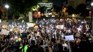 LOS ANGELES, CA – JUNE 03: Protestors gather at LA City Hall June 3.