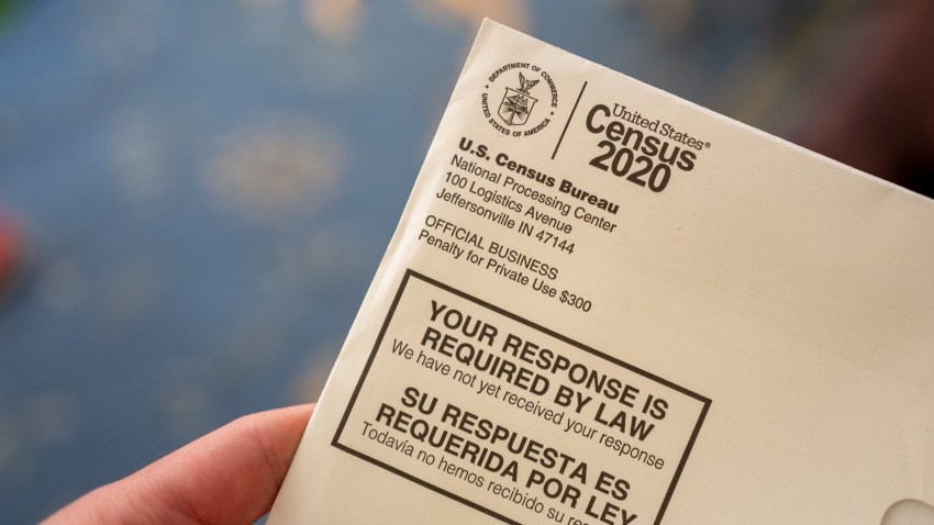 Close-up of human hand holding a letter from the Census Bureau regarding the 2020 Census, San Ramon, California, April 24, 2020.
