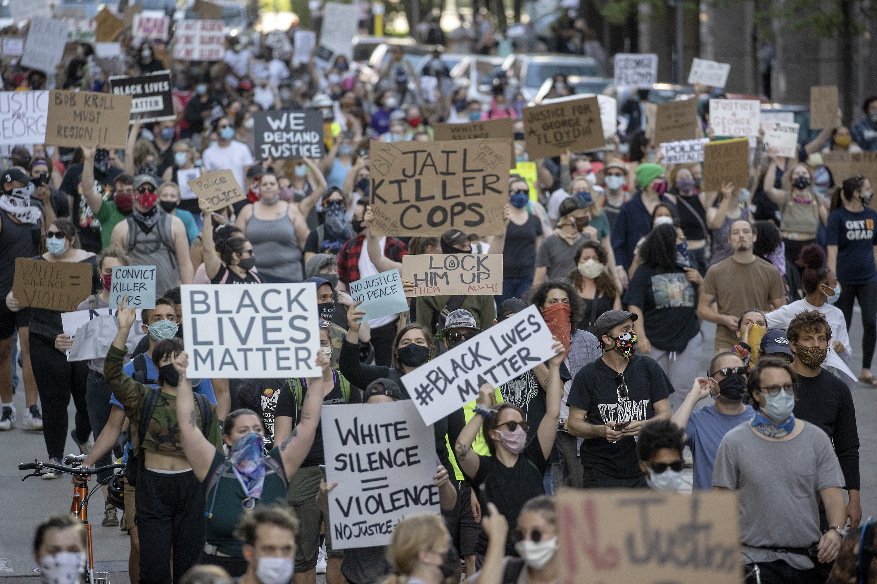 Hundreds of protesters marched in downtown Minneapolis, May 28, 2020, to support CAIR-Minnesota’s call for the arrest of the police who killed George Floyd.