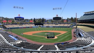 In this July 3, 2020, file photo, general view of the field at a Los Angeles Dodgers summer workout in preparation for a shortened MLB season during the coronavirus (COVID-19) pandemic at Dodger Stadium in Los Angeles, California.