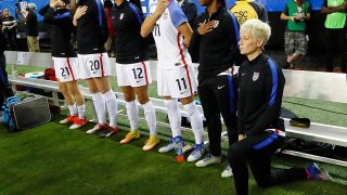 File Image: Megan Rapinoe #15 kneels during the National Anthem prior to the match between the United States and the Netherlands at Georgia Dome on September 18, 2016 in Atlanta, Georgia.