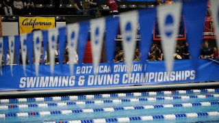 Banners hang during the Division I Women's Swimming & Diving Championships held at the Indiana University Natatorium on March 18, 2017 in Indianapolis, Indiana.