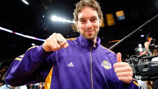 Pau Gasol #16 of the Los Angeles Lakers smiles after receiving his championship ring before the season opening game against the Los Angeles Clippers at Staples Center on October 27, 2009 in Los Angeles, California.