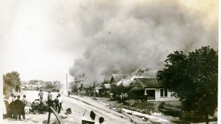 Photograph of damage from the Tulsa Race Riot, Tulsa, Oklahoma, June 1921.