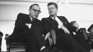 Governor Edmund G. Brown (L), w. President John F. Kennedy (R) at inauguration of San Luis Dam, Los Banos, California. (Photo by John Loengard/The LIFE Picture Collection via Getty Images)