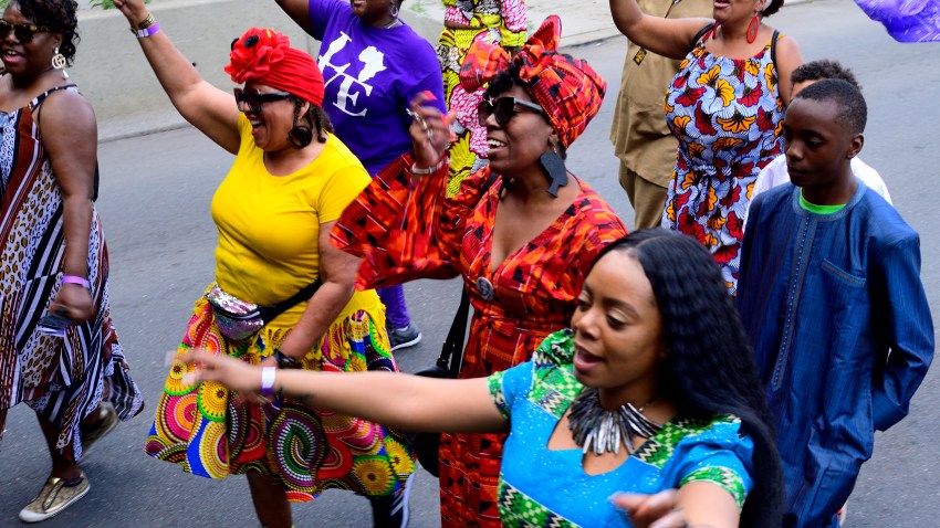 In this June 22, 2019, file photo, elected officials, community leaders, youth and drum and marching bands take part in the second annual Juneteenth Parade, in Philadelphia, Pennsylvania. Juneteenth was declared an official state holiday by Pennsylvania Governor Tom Wolf.