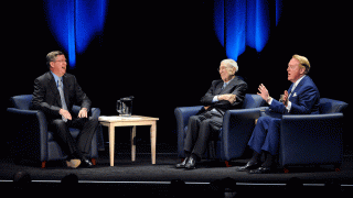In this June 13, 2008 file photo, Los Angeles Times sports columnist T.J. Simers, left, interviews legendary sports figures John Wooden, center, and Vin Scully during a charity event held in Los Angeles. Simers says he was demoted in 2013 from columnist to a reporter once he developed health problems.