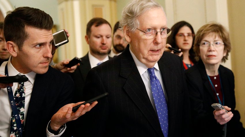 In this file photo, Senate Majority Leader Mitch McConnell of Ky., speaks with reporters after walking off the Senate floor, Dec. 19, 2019, on Capitol Hill in Washington.