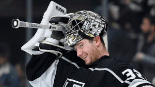 Los Angeles Kings goaltender Jonathan Quick smiles during the first period of an NHL hockey game against the Dallas Stars on Wednesday, Jan. 8, 2020, in Los Angeles.