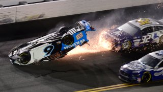 In this Feb. 17, 2020, file photo, Ryan Newman, driver of the #6 Koch Industries Ford, flips over as he crashes during the NASCAR Cup Series 62nd Annual Daytona 500 at Daytona International Speedway in Daytona Beach, Florida.