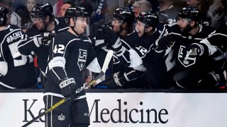 Hockey player grins at his teammates in the stands.