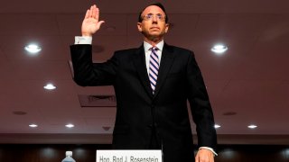 Former deputy attorney general Rod Rosenstein is sworn in prior to testifying before a Republican-led Senate Judiciary Committee hearing on "Crossfire Hurricane," the FBI's probe into Russian election interference and the 2016 Trump campaign, in the Dirksen Senate Office Building in Washington, D.C., on June 3, 2020.