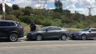 meter maid giving tickets to cars along road