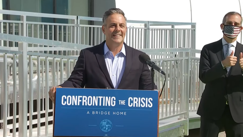 Mayor Eric Garcetti and Councilman Joe Buscaino spoke at the pre-opening celebration for new homeless shelter.