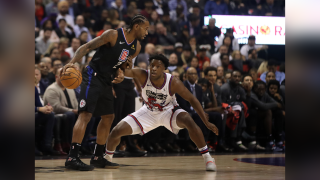 Toronto Raptors forward OG Anunoby (3) defends against LA Clippers forward Kawhi Leonard (2) as the Toronto Raptors fall to the LA Clippers 112-92 at Scotiabank Arena in Toronto. December 11, 2019.