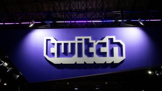 In this Sept. 21, 2018, file photo, the logo of the VOD and streaming video games company Twitch is seen at the Tokyo Game Show.