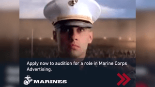 A uniformed Marine looks straight at the camera. Across the bottom of the photo, it reads, "Apply now to audition for a role in Marine Corps advertising."