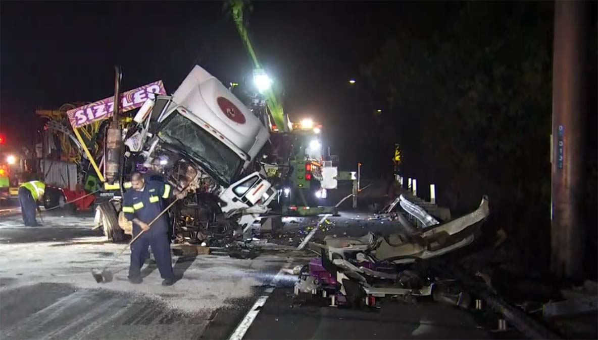 Big Rig Hauling a Carnival Ride Overturns in Chain-Reaction Freeway ...